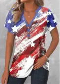 Modlily 4th of July Tops for Women Patriotic Multi Color Button Usa Flag Print T Shirt - XL