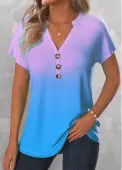 Modlily Sky Blue Button Ombre Short Sleeve T Shirt - XXL