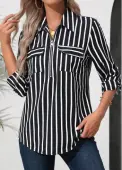 Modlily Black Zipper Striped 3/4 Sleeve Turn Down Collar Blouse - XL