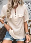 Modlily Light Camel Button Half Sleeve Split Neck Blouse - S