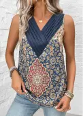 Modlily Blue Patchwork Tribal Print Sleeveless V Neck Tank Top - XXL