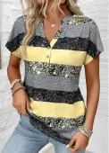 Modlily Light Yellow Button Striped Short Sleeve Split Neck Blouse - XXL