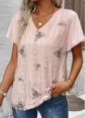 Modlily Light Pink Patchwork Floral Print Short Sleeve Blouse - M