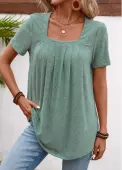 Modlily Sage Green Pleated Short Sleeve Square Neck T Shirt - XL