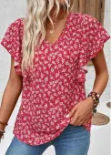 Modlily Wine Red Ruffle Ditsy Floral Print Short Sleeve Blouse - L