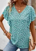 Modlily Mint Green Ruffle Ditsy Floral Print Short Sleeve Blouse - S