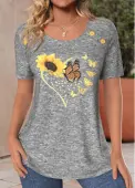 Modlily Light Grey Marl Button Sunflower Print T Shirt - M