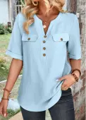 Modlily Light Blue Button Plus Size Short Sleeve Blouse - 2X