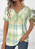 Modlily Light Green Ruched Plaid Short Sleeve T Shirt - XL
