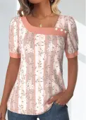 Modlily Light Pink Patchwork Floral Print Short Sleeve T Shirt - XL