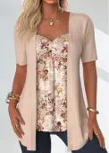 Modlily Skin Color Floral Print Fake Two Piece Twinset - M