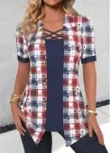 Modlily Navy Fake 2in1 Plaid Short Sleeve Shirt Collar Blouse - XL