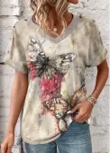 Modlily Light Camel Patchwork Butterfly Print Short Sleeve T Shirt - XL