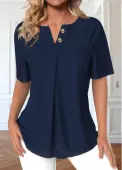 Modlily Navy Button Plus Size Short Sleeve Split Neck Blouse - 1X