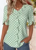 Modlily Green Ruffle Polka Dot Short Sleeve T Shirt - M