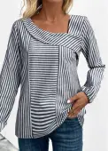 Modlily Navy Asymmetry Striped Long Sleeve Asymmetrical Neck Blouse - M