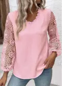 Modlily Light Pink Embroidery Long Sleeve V Neck Blouse - L