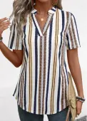 Modlily Yellow Lightweight Striped Short Sleeve Split Neck Blouse - M