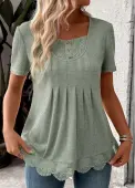 Modlily Sage Green Lace Short Sleeve Square Neck T Shirt - L