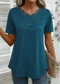Modlily Peacock Blue Embroidery Short Sleeve V Neck T Shirt - 2XL