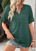 Modlily Blackish Green Button Plaid Short Sleeve Split Neck Blouse - M