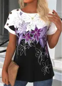 Modlily Black Button Floral Print Half Sleeve T Shirt - XL