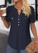 Modlily Navy Button Short Sleeve Split Neck Blouse - XXL