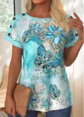 Modlily Light Blue Button Butterfly Print Short Sleeve T Shirt - L