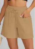 Modlily Light Camel Pocket Elastic Waist High Waisted Shorts - L
