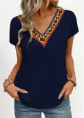 Modlily Navy Patchwork Tribal Print Short Sleeve T Shirt - XS
