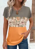 Modlily Orange Circular Ring Floral Print Short Sleeve T Shirt - M