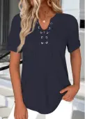 Modlily Navy Lace Up Short Sleeve T Shirt - XL