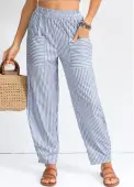 Modlily Dusty Blue Patchwork Striped Elastic Waist High Waisted Pants - L