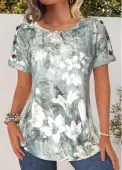 Modlily Sage Green Button Floral Print Short Sleeve T Shirt - M