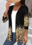 Modlily Black Patchwork Leopard 3/4 Sleeve Round Neck Light Cardigan - M