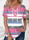 Modlily Pink Patchwork Striped Short Sleeve Split Neck T Shirt - XL