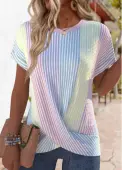 Modlily Multi Color Cross Hem Striped Short Sleeve T Shirt - XXL