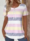 Modlily Multi Color Lace Up Striped Short Sleeve T Shirt - L
