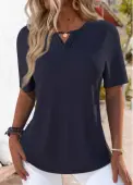 Modlily Navy Tuck Stitch Short Sleeve Round Neck T Shirt - L