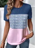 Modlily Peacock Blue Lace Striped Short Sleeve T Shirt - XL