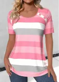 Modlily Light Pink Button Striped Short Sleeve T Shirt - XL