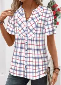 Modlily Blue Patchwork Plaid Short Sleeve Split Neck Shirt - XXL