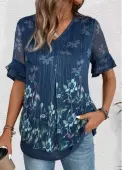 Modlily Navy Layered Floral Print Short Sleeve V Neck Blouse - XXL