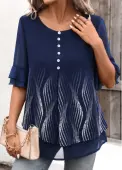 Modlily Navy Layered Ombre Half Sleeve Round Neck Blouse - M