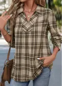 Modlily Light Coffee Button Plaid Long Sleeve Shirt - L