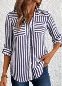 Modlily Navy Button Striped 3/4 Sleeve Shirt - M