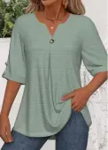 Modlily Green Button 3/4 Sleeve Split Neck Blouse - XXL