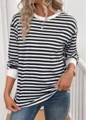 Modlily Black Patchwork Striped Long Sleeve Round Neck T Shirt - XL