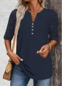 Modlily Navy Lace Half Sleeve Split Neck T Shirt - M