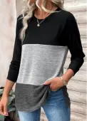 Modlily Black Patchwork Long Sleeve Round Neck T Shirt - XL